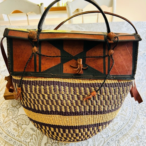 Bolga Basket purse, Handcrafted Woven Basket Bag, with leather details. - Picture 3 of 4